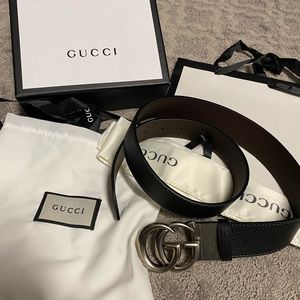 New in box silver GG reversible brown and black leather belt